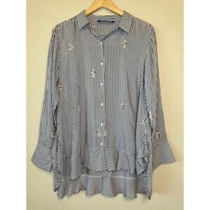 Zara blue striped floral embriodered button up